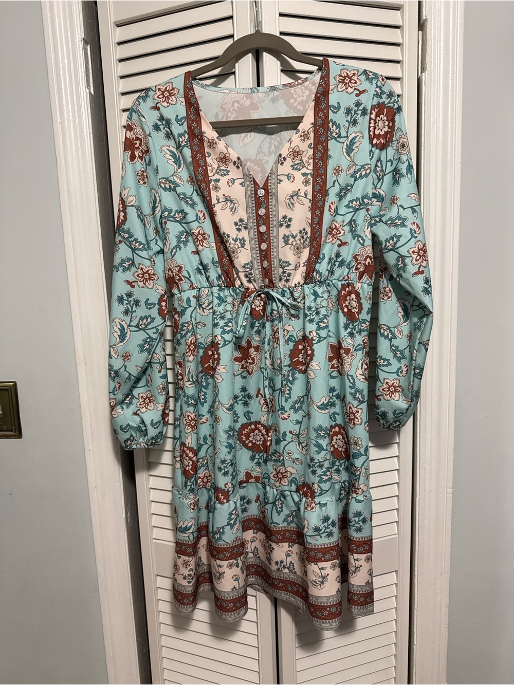 Floral Boho Smocked Waist Dress in Light Blue and Rust